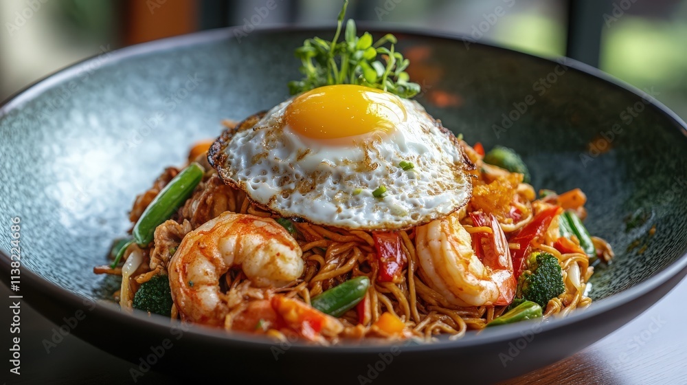 A vibrant Indonesian Mie Goreng, a stir-fried noodle dish with shrimp, chicken, vegetables, and a fried egg on top
