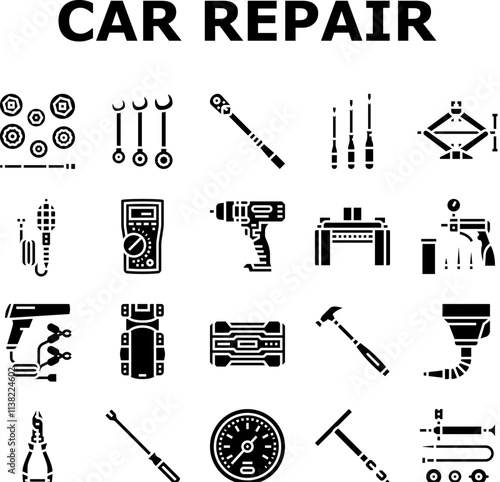 car repair tools wrench icons set vector. socket ratchet, pliers jack, lift screwdriver, multimeter, compressor, torque car repair tools wrench glyph pictogram Illustrations