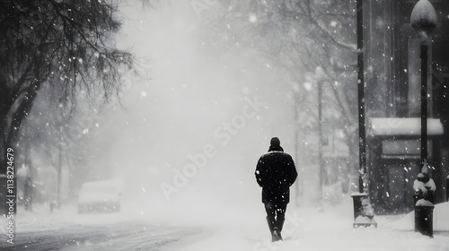 Einsame Person bei dichtem Schneefall in ruhiger Winterstraße photo