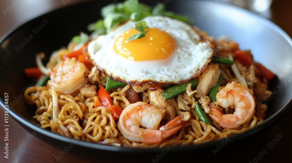 A vibrant Indonesian Mie Goreng, a stir-fried noodle dish with shrimp, chicken, vegetables, and a fried egg on top A vibrant Indonesian Mie Goreng, a stir-fried noodle dish with shrimp, chicken, vegetables, and a fried egg on top