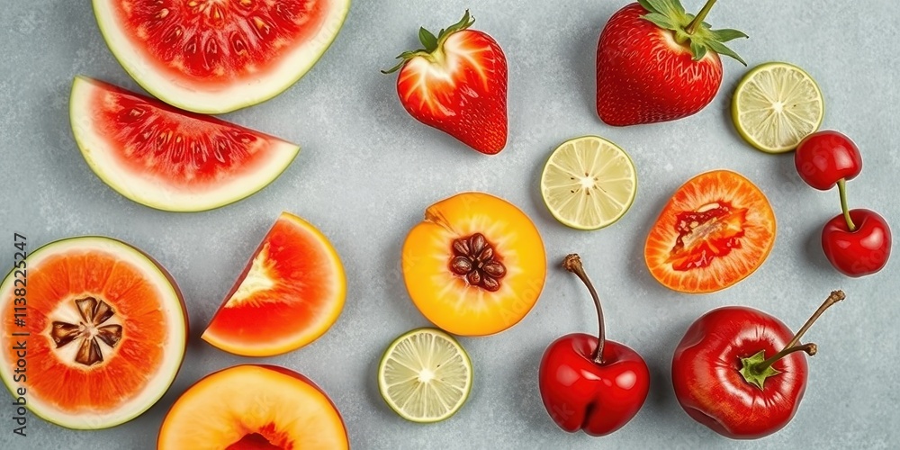 A vibrant arrangement of halved fruits and whole cherries showcasing a symphony of colors and textures. A vibrant arrangement of halved fruits and whole cherries showcasing a symphony of colors and textures.