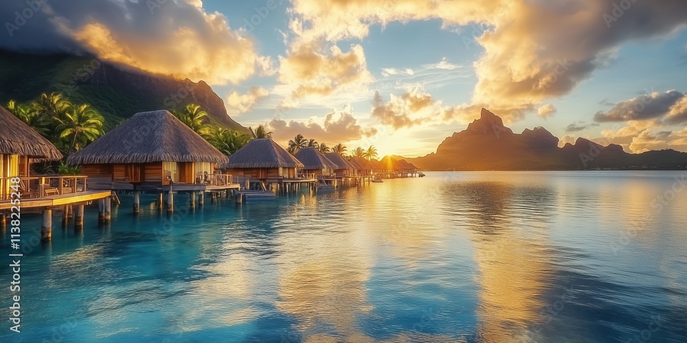 Golden sunset illuminates tranquil lagoon with overwater bungalows and majestic mount otemanu, creating idyllic tropical paradise scene in bora bora, french polynesia Golden sunset illuminates tranquil lagoon with overwater bungalows and majestic mount otemanu, creating idyllic tropical paradise scene in bora bora, french polynesia