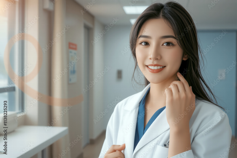 confident female doctor in white coat smiles warmly in modern clinic. Her professional demeanor and friendly expression create welcoming atmosphere for patients confident female doctor in white coat smiles warmly in modern clinic. Her professional demeanor and friendly expression create welcoming atmosphere for patients