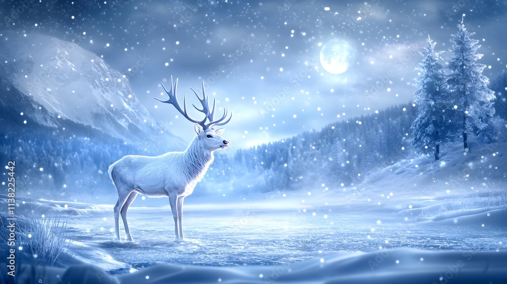 A majestic white deer with perfect antlers, and beautiful winter scenery A majestic white deer with perfect antlers, and beautiful winter scenery