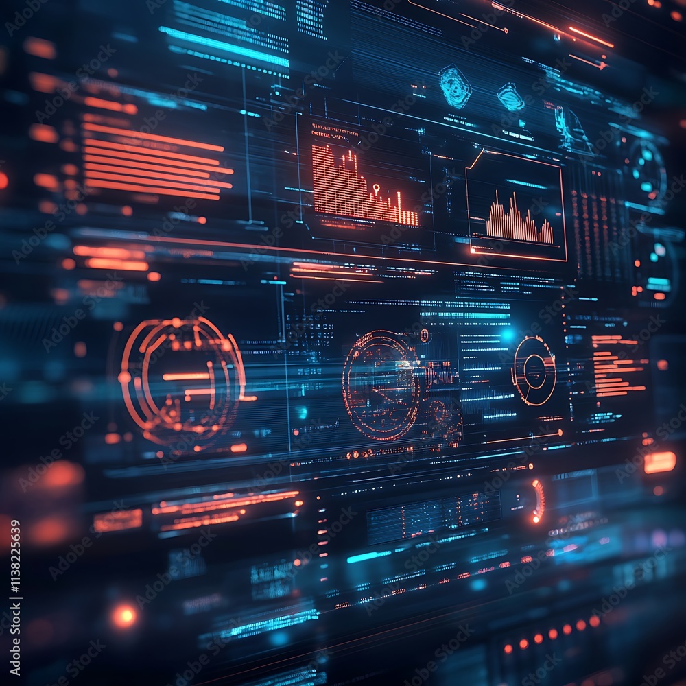 Futuristic innovation icons and charts floating on a holographic screen Futuristic innovation icons and charts floating on a holographic screen