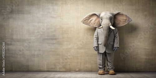 An elephant-headed figure in a business suit stands against a textured wall, a surreal image suggesting hidden power or unexpected leadership.