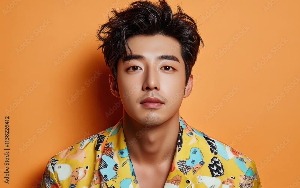 A young man with a smile on his face is wearing a floral shirt A young man with a smile on his face is wearing a floral shirt