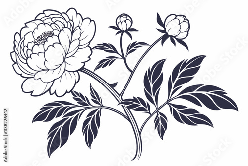 Peony A lush flower with many ruffled petals and a rounded, soft appearance vector silhouette on a white background