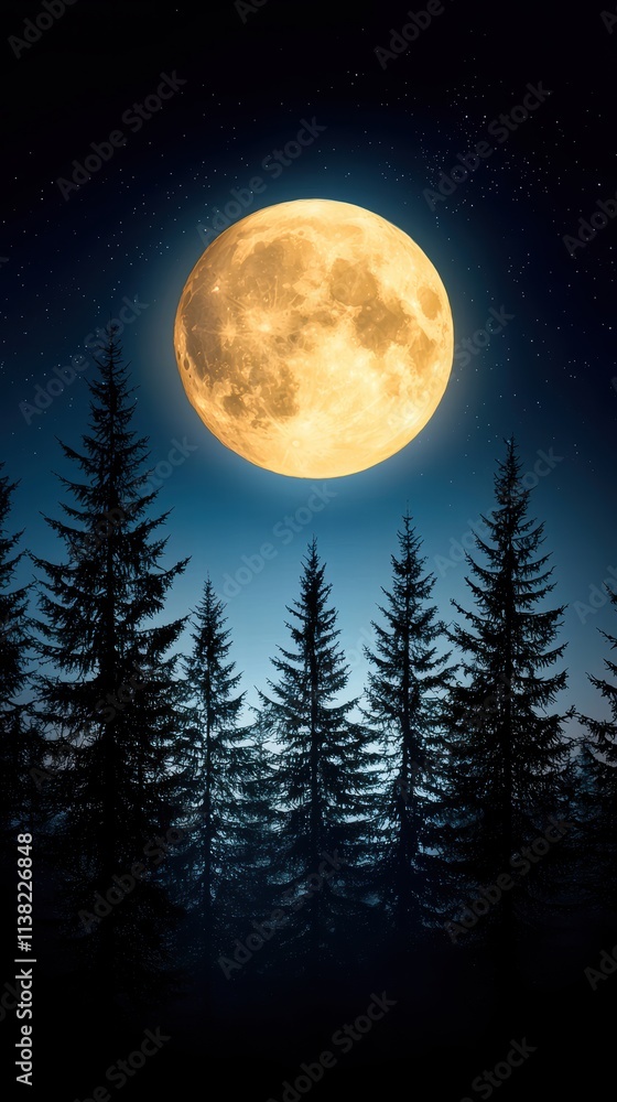 Fototapeta premium Bright Full Moon Illuminates Forest Silhouettes Under Starry Night Sky