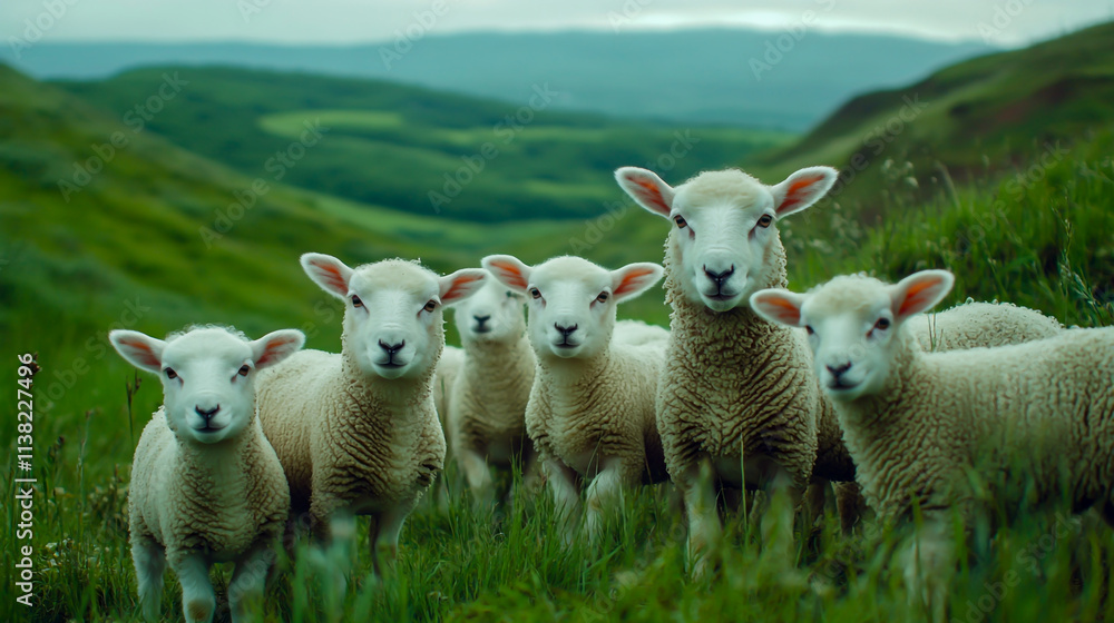 Sheep and Lambs Grazing in a Meadow Sheep and Lambs Grazing in a Meadow