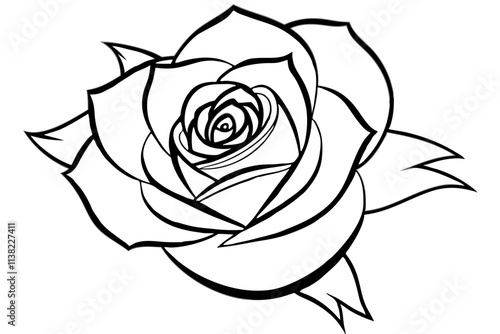 Classic Flowers Rose,A bloom with layered petals, iconic spiraling patterns, and sharp thorns on the stem vector silhouette on a white background