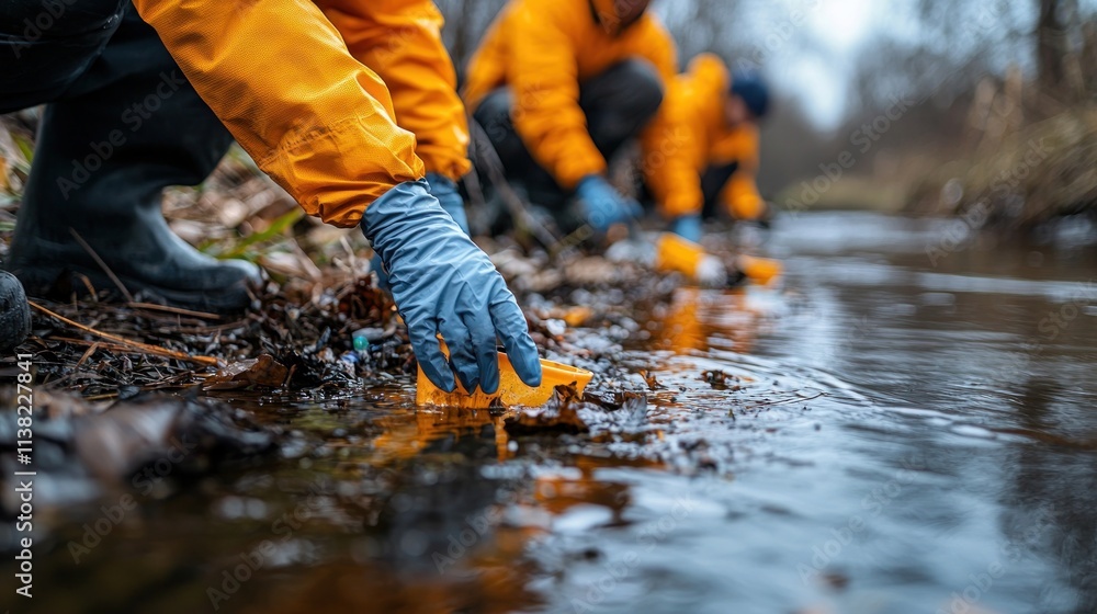 Environmental Conservationists Cleaning River, Monitoring Trash Impact Environmental Conservationists Cleaning River, Monitoring Trash Impact