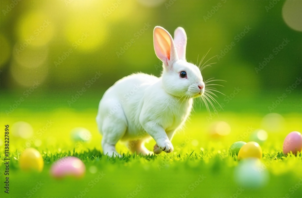 Obraz premium A white Easter bunny runs across a green lawn with Easter eggs scattered on it