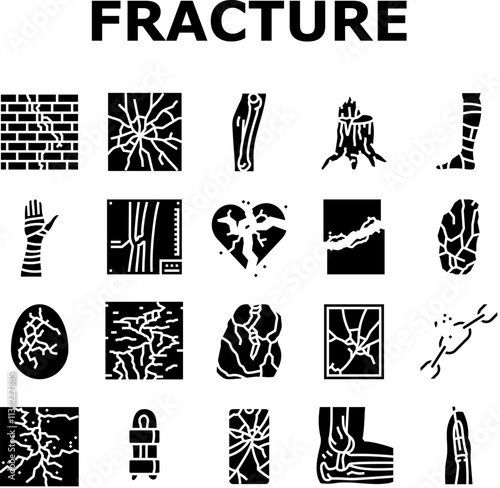 fracture bone break injury icons set vector. healing cast, splint pain, trauma orthopedic ray, diagnosis, treatment, recovery fracture bone break injury glyph pictogram Illustrations