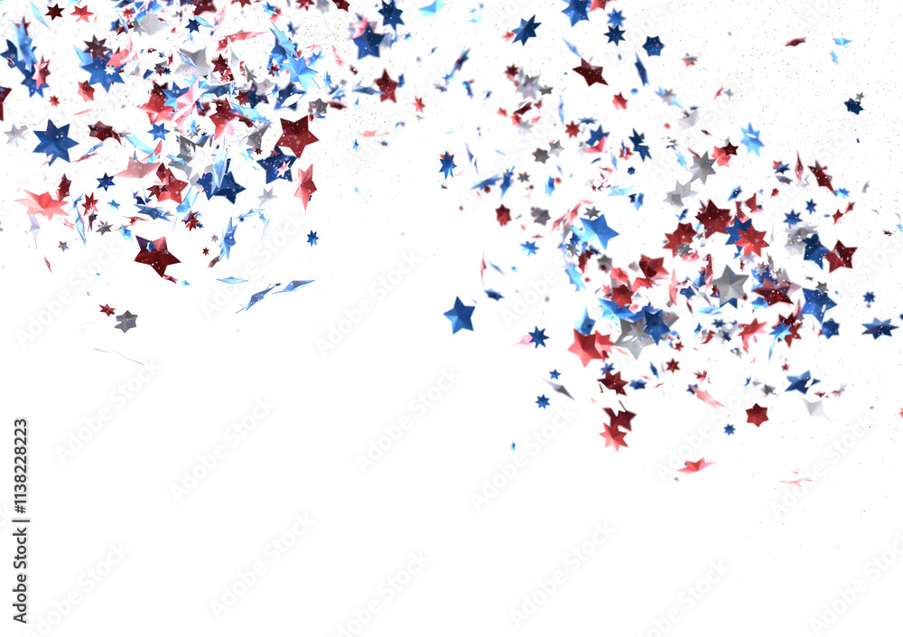 A blue glitter confetti border with red and blue stars on white A blue glitter confetti border with red and blue stars on white