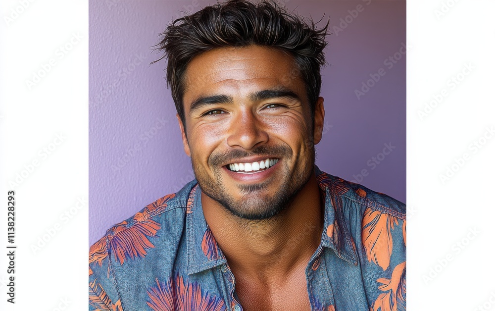 Fototapeta premium A young man with a smile on his face is wearing a floral shirt