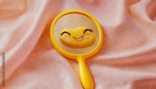 A yellow emoji mirror with a kiss-face design on a soft, textured pink fabric background photo