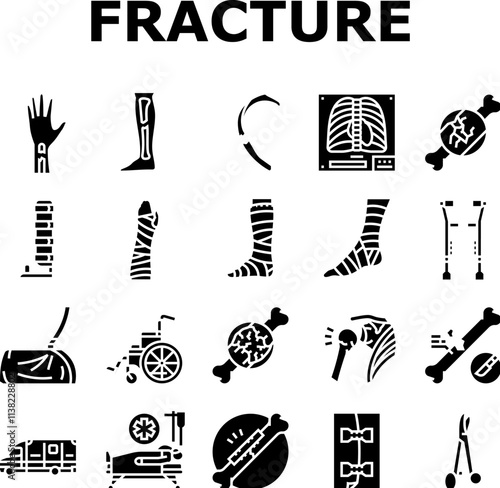 fracture injury bone break icons set vector. trauma healing, cast pain, recovery splint, orthopedic x ray, dislocation fracture injury bone break glyph pictogram Illustrations