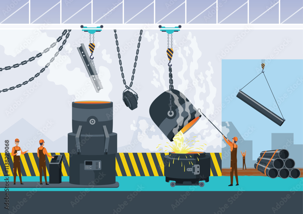 Metallurgy industry concept with smelters and furnaces in production plant. Steel industry banner, iron and factory workshop. Hot steel pouring in steel plant. Steel worker