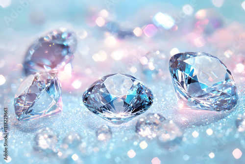 Sparkling diamonds gleam on a bed of glitter, capturing the light in a mesmerizing display of brilliance and elegance.