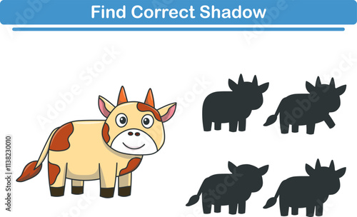 Funny cartoon cute cow. find the correct shadow. Kids Education games. Cartoon vector illustration