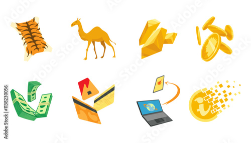 Money evolution icon set. History and development from barter to decentralized finance system. Stages of financial system, payment method elements. Concept currency transformation vector illustration