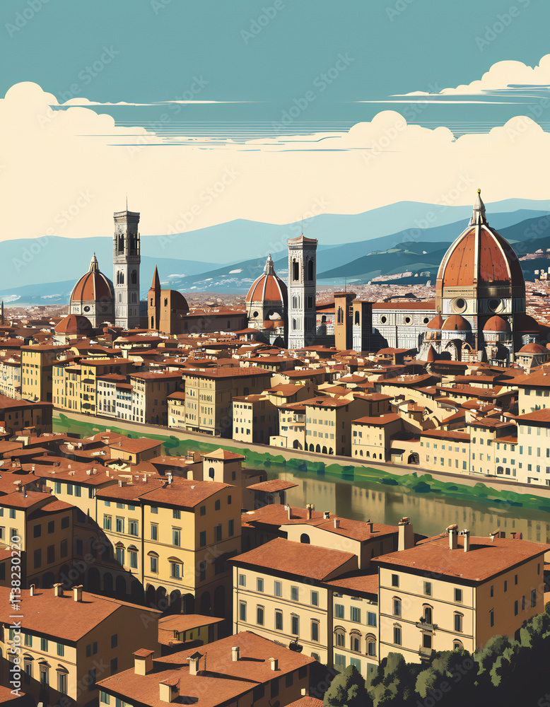 Fototapeta premium Italy: Poster Illustration Travel Print Decor Gift Paper Canvas Wall Retro Art