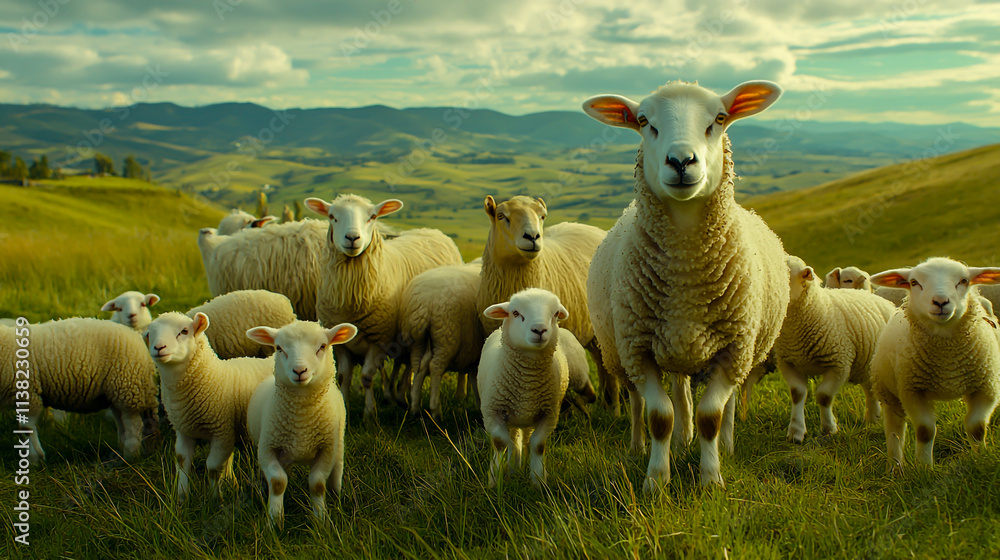 Fototapeta premium Sheep and Lambs Grazing in a Meadow