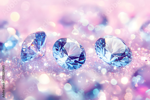 Three sparkling blue gems rest on a bed of glitter, shimmering under soft pink light.  A luxurious and enchanting image.