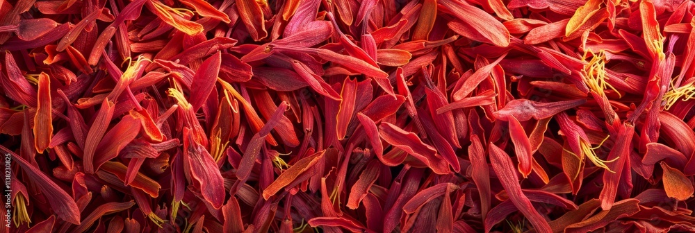 Fototapeta premium Saffron texture background, crocus sativus flowers pattern, dry herbal petals banner, aromatic herbs