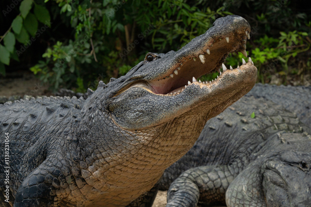 An adult american alligator lifting it's head up above another alligator An adult american alligator lifting it's head up above another alligator