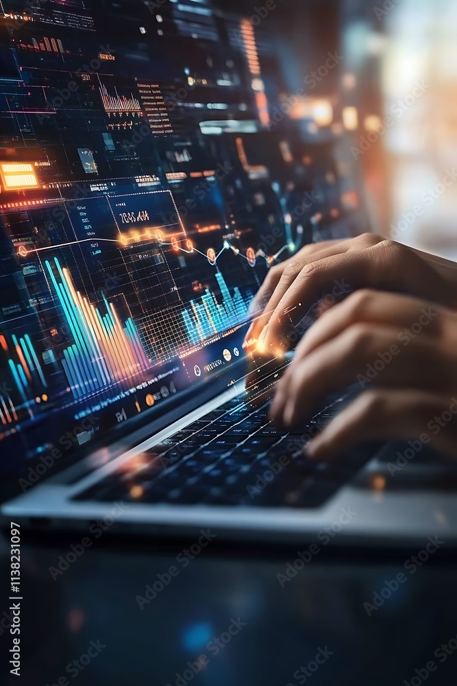 Closeup of person working with laptop displaying digital marketing charts Closeup of person working with laptop displaying digital marketing charts