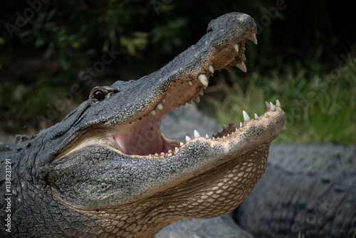 An american alligator with it's mouth open showing teeth photo