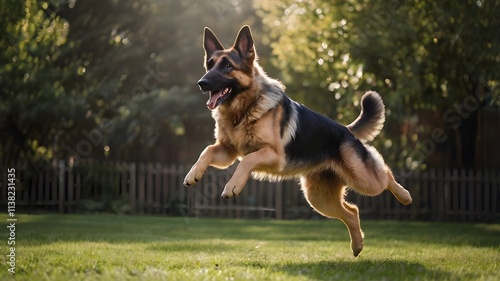 german shepherd or Alsatian dog running and jumping in the park 