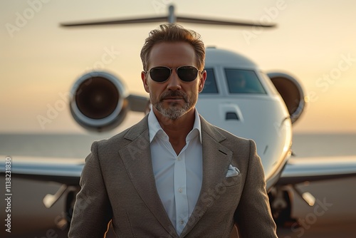 Elegant Arrival Rich Businessperson on Airport Runway with Jet photo