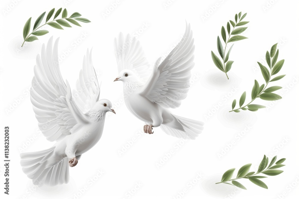 Fototapeta premium Peace dove icon, pigeons, twigs 3d realistic collection. Flying birds silhouettes on white