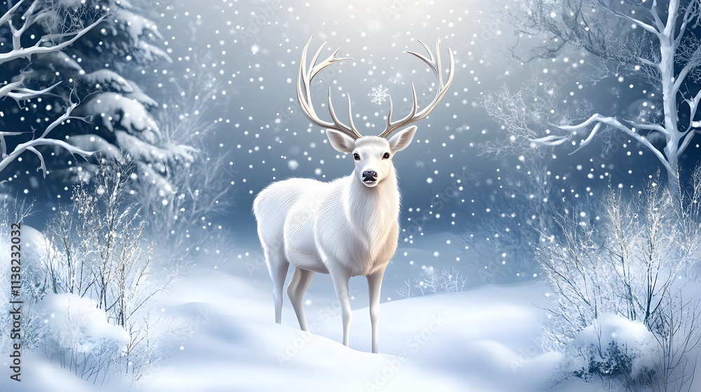 A majestic white deer with perfect antlers, and beautiful winter scenery A majestic white deer with perfect antlers, and beautiful winter scenery