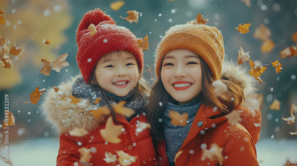 Winter Wonderland, Mother and Daughter Embrace Amidst Falling Leaves and Snow Winter Wonderland, Mother and Daughter Embrace Amidst Falling Leaves and Snow