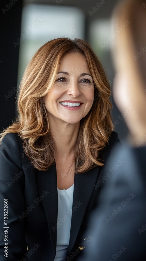 A professional woman with a confident smile sits at a business meeting, engaging in conversation, providing a warm atmosphere that promotes a productive work environment. A professional woman with a confident smile sits at a business meeting, engaging in conversation, providing a warm atmosphere that promotes a productive work environment.