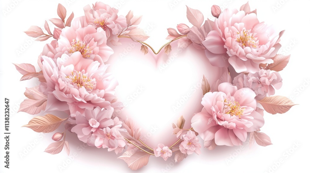 Love themed Decorative Border Concept. Floral heart design with soft pink peonies and foliage elements Love themed Decorative Border Concept. Floral heart design with soft pink peonies and foliage elements