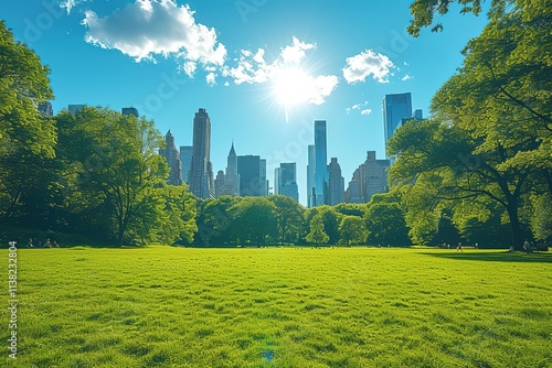 Green lawn at Central Park and Midtown Manhattan skyline skyscrapers at day time, New York City, USA Health care digital medicine hologram The concept of treatment and disease prevention