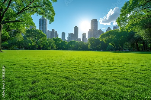 Green lawn at Central Park and Midtown Manhattan skyline skyscrapers at day time, New York City, USA Health care digital medicine hologram The concept of treatment and disease prevention