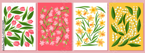 Collection of vibrant spring floral illustrations with tulips, cherry blossoms, daffodils, and lilies of the valley in retro 60s poster style. Vintage vector interior poster with season flowers