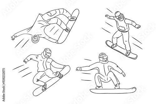 Dynamic black and white line art illustration set with snowboarder in action, showcasing jumps, trick, and motion in minimalist style. Vector hand drawn drawing isolated on white background