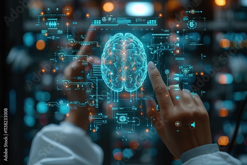 Hand of a doctor touching an image of the brain symbol on a virtual screen while sitting in the hospital Concept of AI Technology Business analysis, innovation, technology in science and medicine