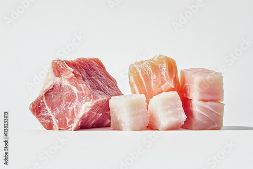 Various natural food, high animal protein sources - pork, beef meat steaks, chicken breast fillet, eggs, salmon fish on white table background top view copy space photo