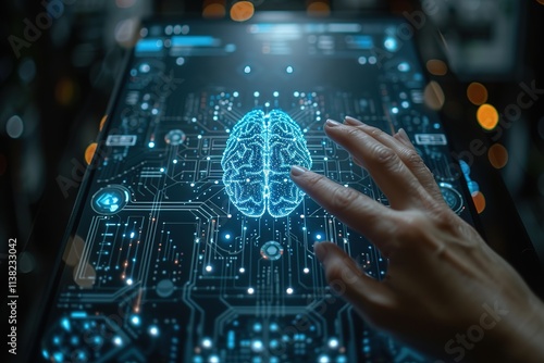 Hand of a doctor touching an image of the brain symbol on a virtual screen while sitting in the hospital Concept of AI Technology Business analysis, innovation, technology in science and medicine