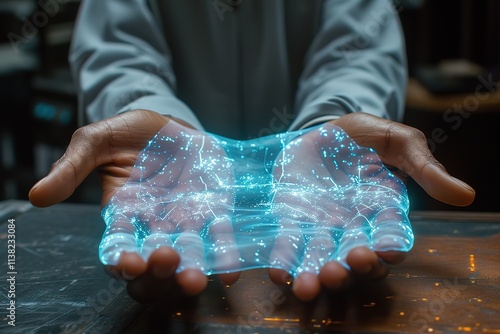 Hands, healthcare or futuristic 3d hologram overlay for wellness, life insurance in hospital clinic Zoom, black man or medical abstract for future medicine innovation or global digital development