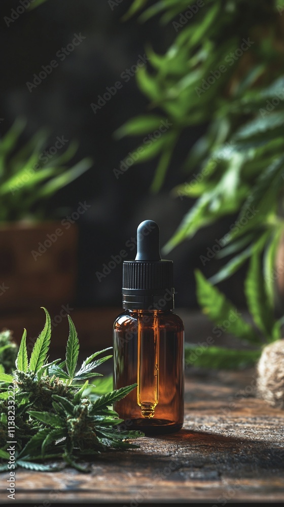 A serene composition featuring an amber glass dropper bottle surrounded by lush green cannabis leaves, set against a rustic wooden background for an organic feel. A serene composition featuring an amber glass dropper bottle surrounded by lush green cannabis leaves, set against a rustic wooden background for an organic feel.