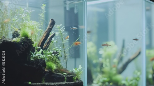 A detailed aquarium with fish and aquatic plants, Aquarium setup arranged meticulously, Nature minimalist style photo